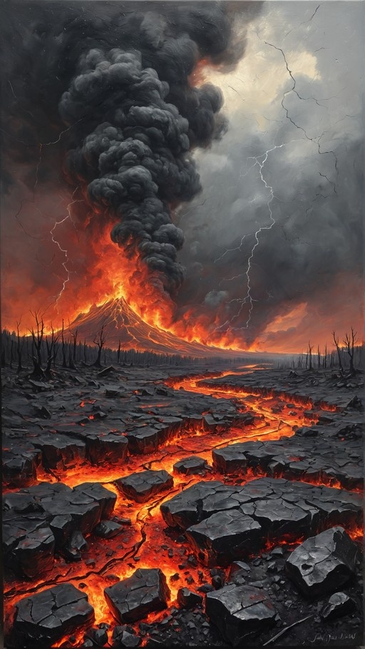 A dramatic painting of a volcano erupting with thick black smoke and lightning in the sky, while molten lava flows through cracked earth in the foreground.