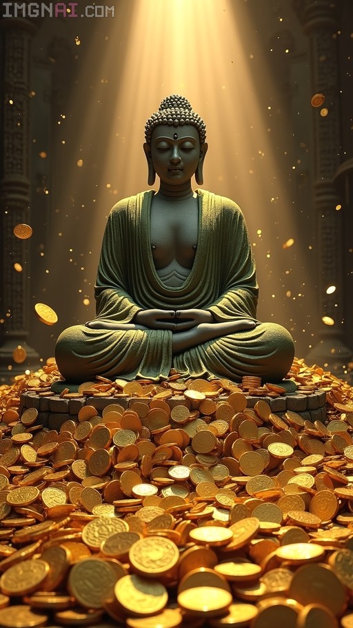 A weathered stone Buddha statue meditating in a lotus position surrounded by a cascading pile of gold coins with golden light rays shining down in an ancient temple.