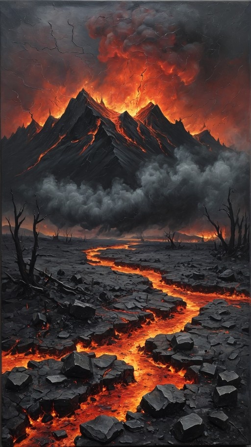 A fiery volcanic eruption dominates a dark landscape with rivers of molten lava winding through cracked black rock and skeletal trees under a heavy sky.