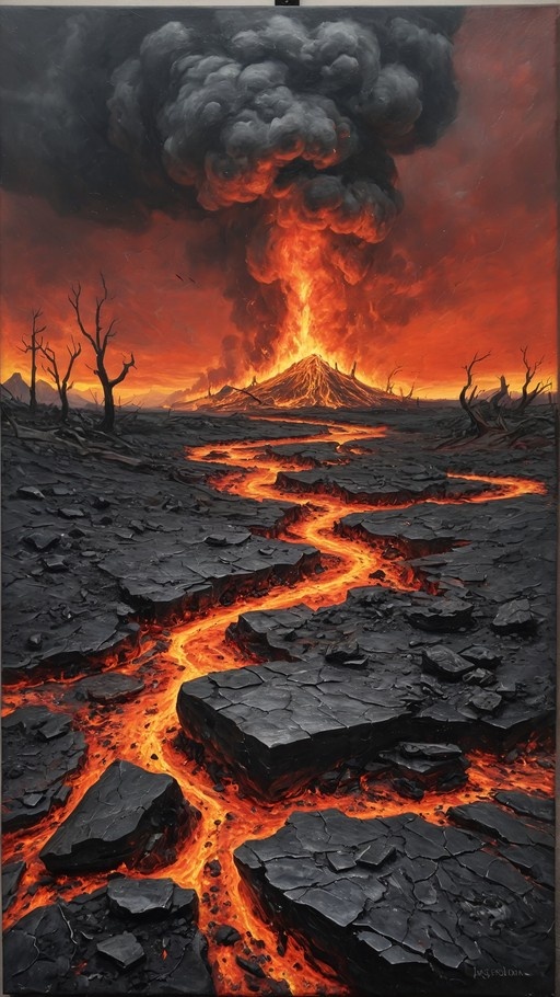 A volcano erupting with lava flowing over cracked ground and bare trees