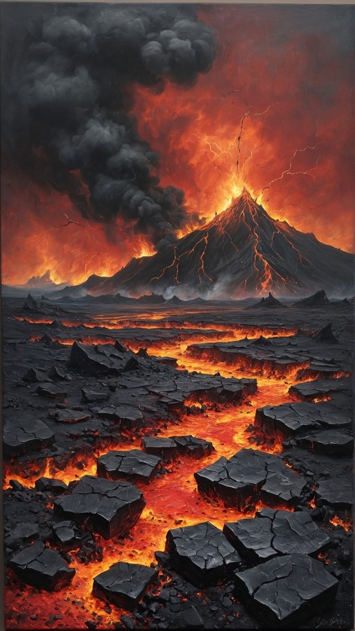 A digital painting of an erupting volcano with lava flowing over cracked black rock under a stormy red sky with lightning.