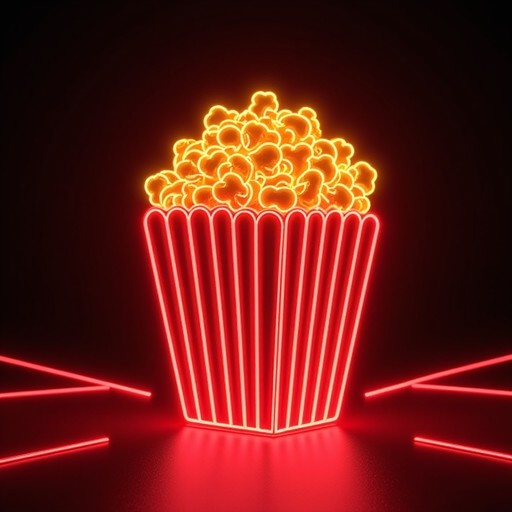 A glowing neon red and white striped popcorn bucket filled with bright yellow popcorn against a dark background with red light accents.