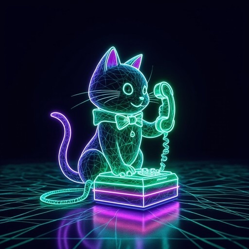 A glowing neon wireframe black cat wearing a bowtie holds a vintage telephone receiver against a dark background with purple and cyan lighting.