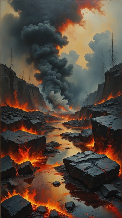 A fiery river flows through a rocky canyon with large boulders, surrounded by flames and rising dark smoke under a cloudy orange sky.