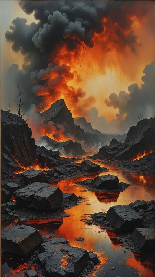 A dramatic digital illustration of a volcanic landscape featuring a river of molten lava flowing between dark jagged rocks, reflecting the fiery orange sky and billowing black smoke from an erupting mountain.