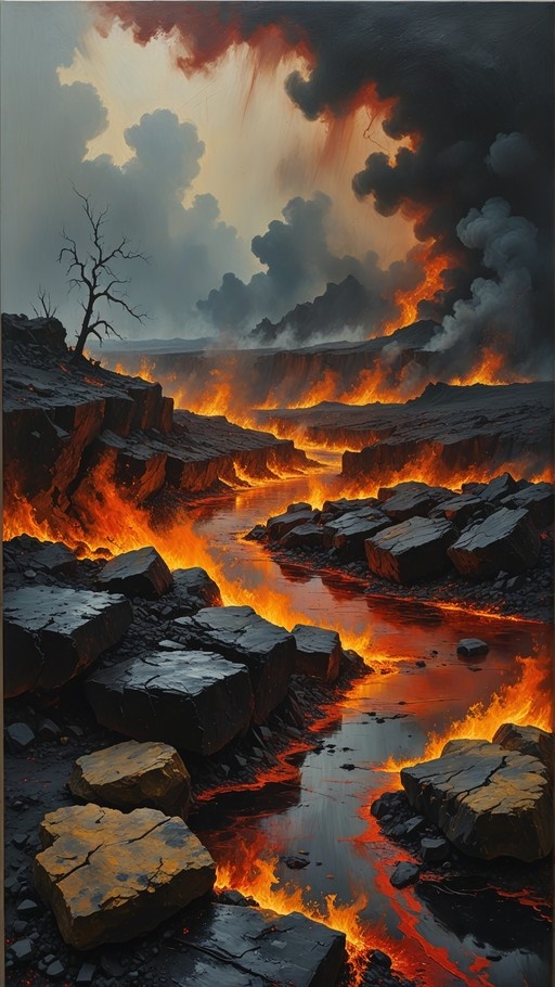 A dramatic digital painting of a lava river flowing through a rocky canyon with dark smoke and fire in the sky.