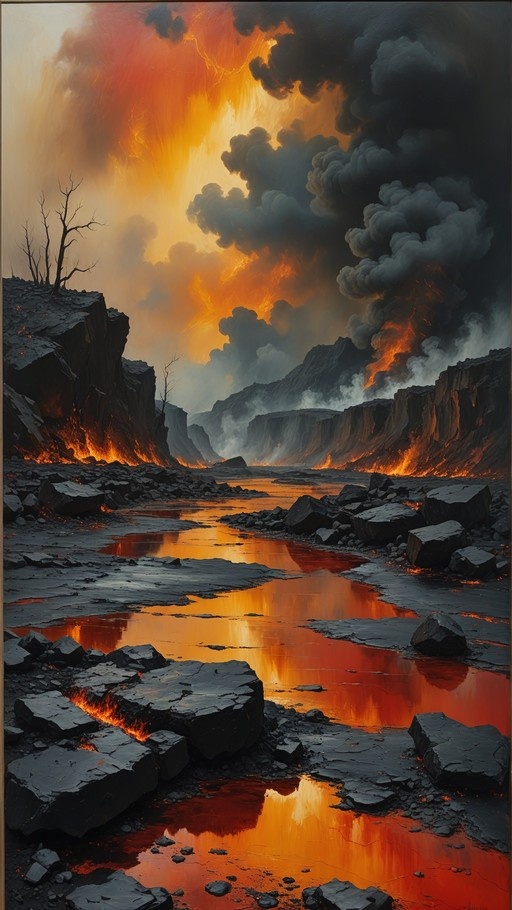 A digital painting of a fiery volcanic landscape with a river of molten lava flowing through a dark rocky canyon under a smoke-filled sky.