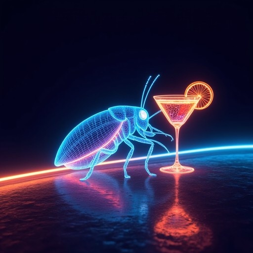 A blue neon wireframe cockroach standing next to a glowing orange cocktail glass on a planet surface in space.