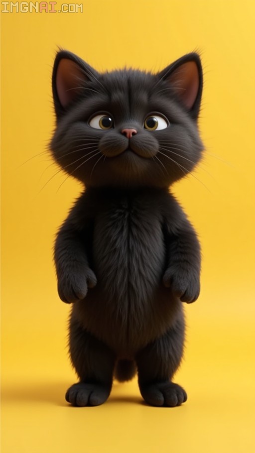 A cute black kitten standing on its hind legs against a bright yellow background.