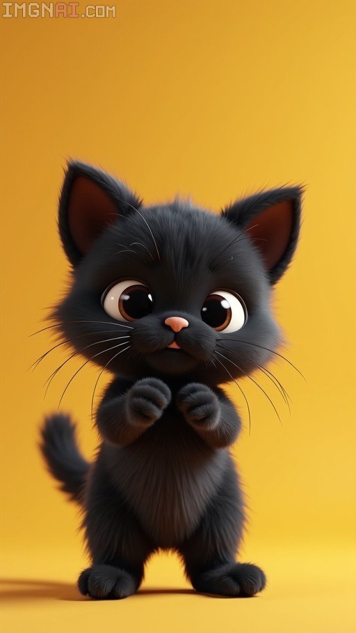 A fluffy black kitten stands on its hind legs against a solid yellow background, looking forward with large brown eyes in a Pixar-style 3D render.