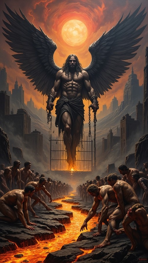 A muscular fallen angel with black wings hovers above a lava river while shirtless men crawl on rocks nearby in a ruined cityscape.