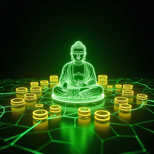 A neon green outline of a Buddha figure meditating in a lotus pose surrounded by stacks of gold coins on a glowing hexagonal grid floor.