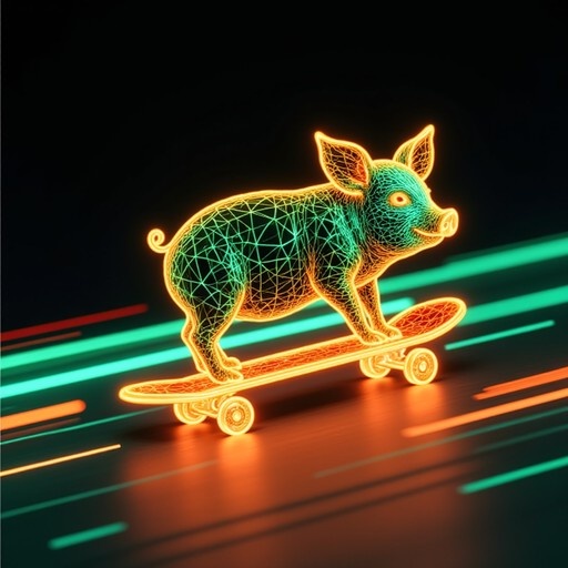 A glowing green and orange wireframe pig riding a skateboard with motion blur streaks in the background.