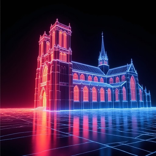 A gothic cathedral illuminated with red and blue neon lights at night, reflecting on a tiled floor.