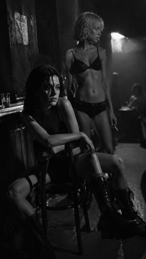 A black and white photograph of two women in lingerie inside a dark room, one sitting with boots and the other standing smoking.