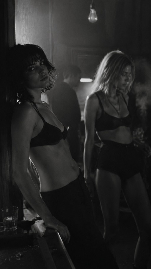 A black and white photograph showing two women in bras and shorts standing in a dimly lit room with smoke.