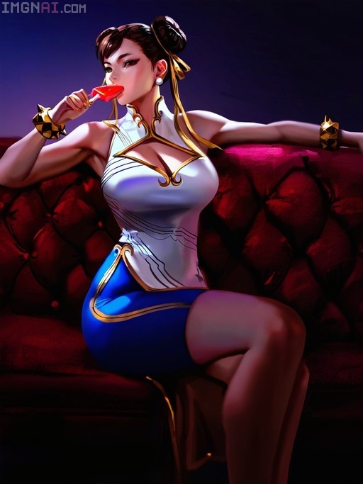 A digital illustration of Chun-Li sitting on a red couch and eating a heart-shaped popsicle.