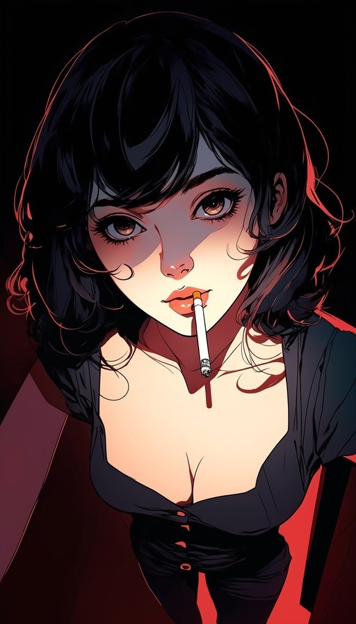 A digital painting of a young woman with dark wavy hair and brown eyes looking at the viewer while holding a cigarette in her mouth, wearing a low-cut black shirt against a dark background with red rim lighting.
