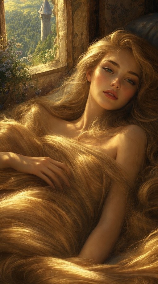 A young woman with extremely long blonde hair lies on her back near a window, looking at the viewer, with a stone tower visible in the sunlit background.