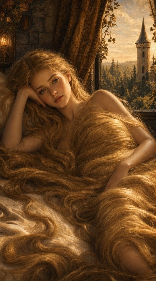 A young woman with extremely long blonde hair lies on a bed in a stone room, looking at the viewer while a castle tower is visible through the window.