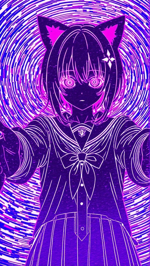 An anime-style girl with cat ears and glowing spiral eyes reaches towards the viewer in a stylized purple and blue color scheme.