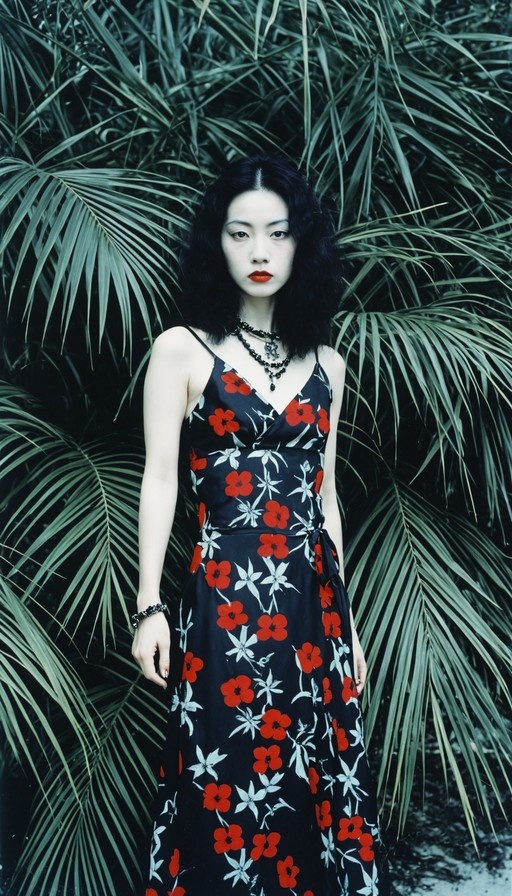 A woman with dark hair and red lipstick stands in front of green palm leaves wearing a black dress with red flowers.