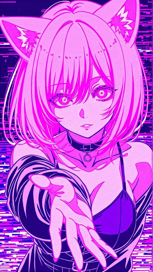 A pink-haired anime girl with cat ears reaches her hand out toward the viewer against a glitchy purple and pink background.