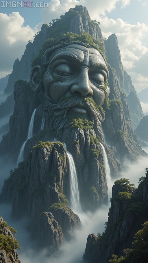 A massive stone face of a slumbering mountain god integrated into a rocky cliffside with cascading waterfalls and moss growing on its features.