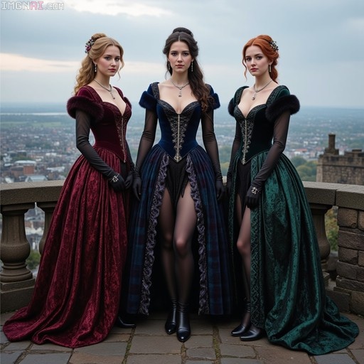 Three women in elaborate maroon, blue, and green velvet gowns with fur trim stand on a stone terrace overlooking a city.