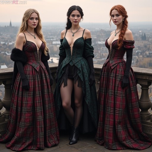 Three women in tartan dresses standing on a balcony overlooking a city.
