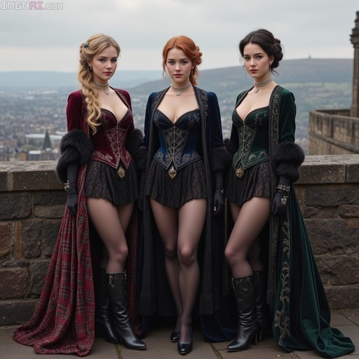 Three women in red, blue, and green velvet fantasy costumes standing on a stone wall with a city view behind them.