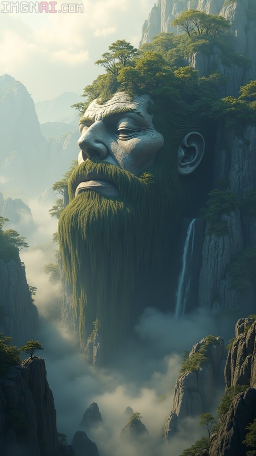 A giant stone face of a slumbering mountain god with a mossy beard and trees on its head, surrounded by misty peaks and waterfalls.