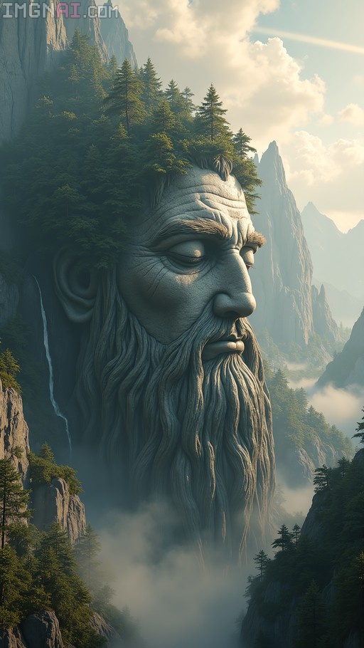 A colossal mountain god's face formed from weathered granite and tree roots, with forests growing on his head and a flowing beard of stone, set against misty peaks and golden morning light.