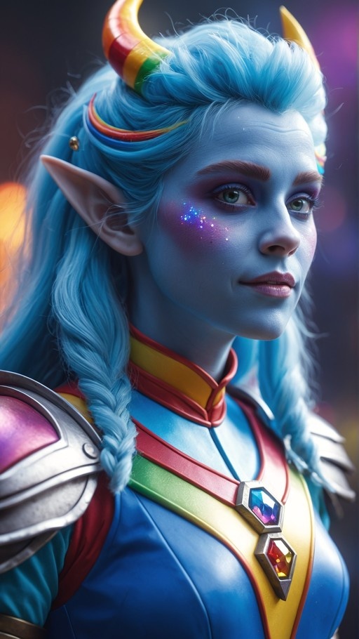 A blue-skinned fantasy woman with pointed ears and rainbow horns wearing colorful armor with gemstones and braided blue hair