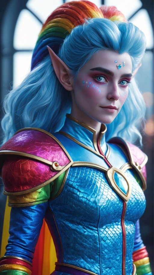 A digital illustration of a blue-haired elven warrior with pointed ears and rainbow accents in her hair, wearing detailed blue scaled armor with gold trim and colorful shoulder pads.