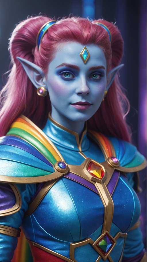 A close-up portrait of a blue-skinned female elf with long pink hair, wearing blue armor with rainbow accents and gold trim, featuring gems on her forehead and chest.