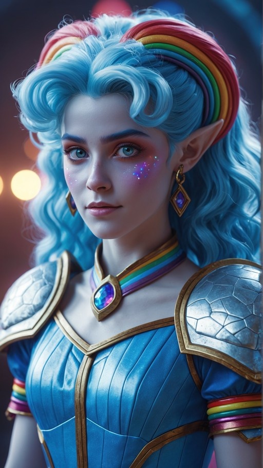 A blue-haired elf in fantasy armor with rainbow accents.