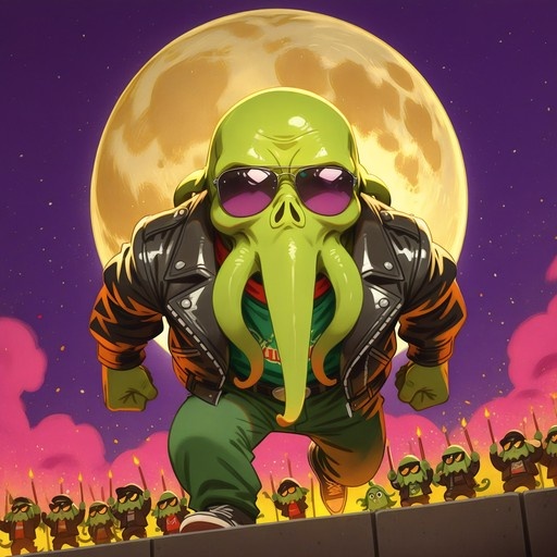 A green tentacled monster wearing sunglasses and a black leather jacket runs forward under a large yellow moon while smaller creatures hold torches below.