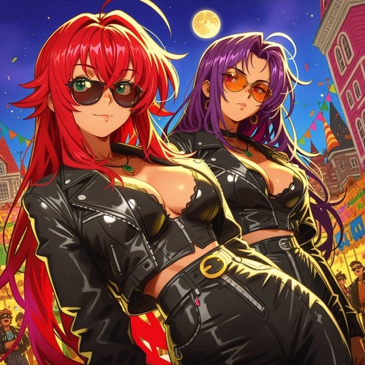 Two anime women in leather jackets and sunglasses standing under a full moon at a night festival.