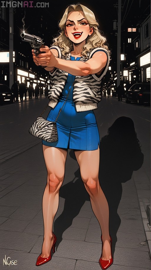 A blonde woman in a blue dress and zebra vest aims a smoking revolver at the viewer on a city street.
