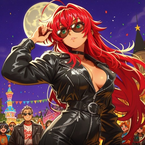 Red-haired anime woman in a black leather jacket and sunglasses adjusts her glasses under a large full moon at a night festival with falling confetti.