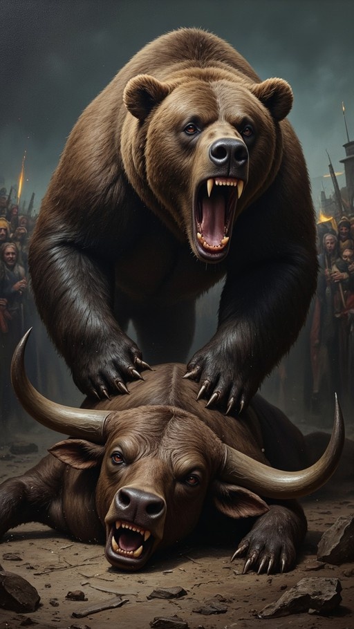 A giant brown bear pins a horned bull to the ground with its claws while both animals roar, watched by a crowd holding torches in the background.