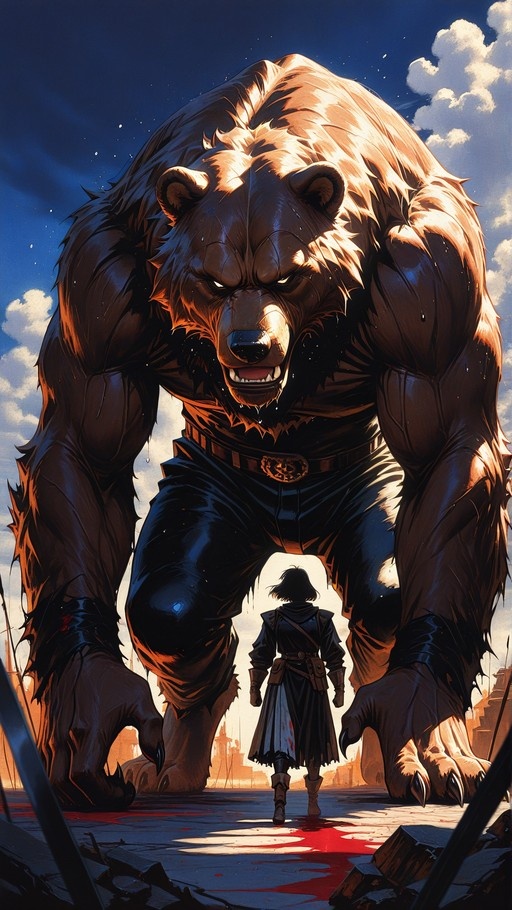A massive anthropomorphic bear towers over a small human figure standing in a pool of blood amidst ruins.