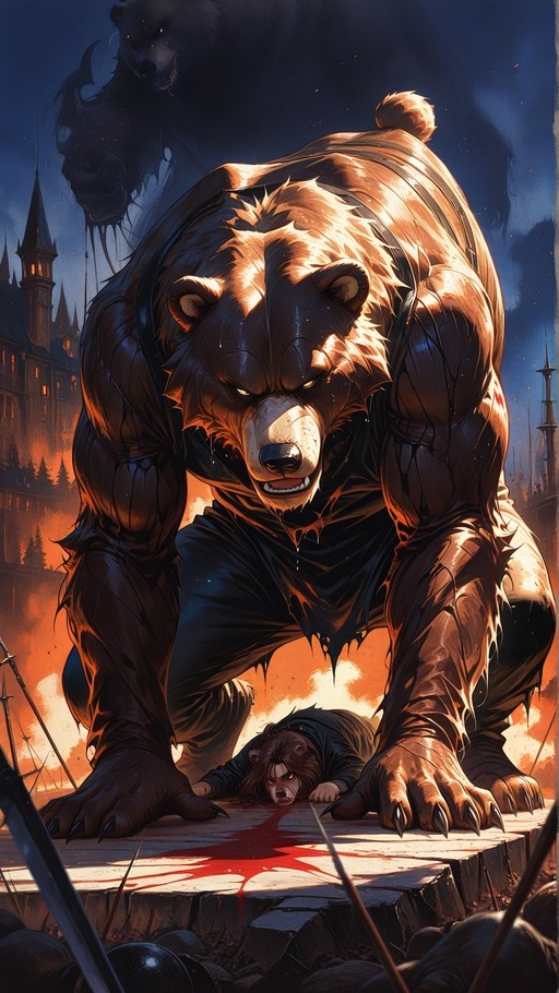 A large muscular brown bear with glowing yellow eyes crouches over a smaller defeated bear figure lying in blood near a burning castle.
