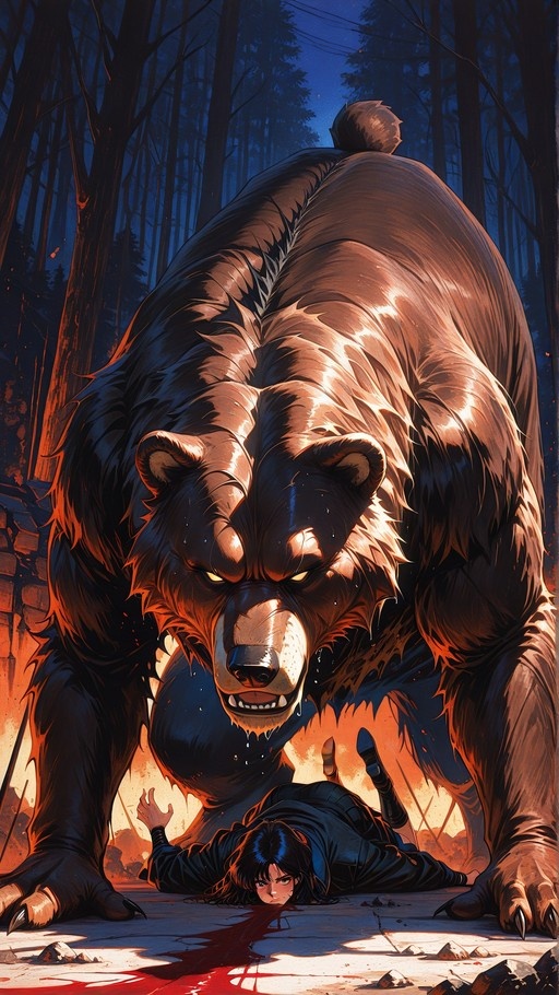 A giant brown bear with glowing yellow eyes stands over a black-haired girl lying on the ground in a forest at night, with blood visible near her head.