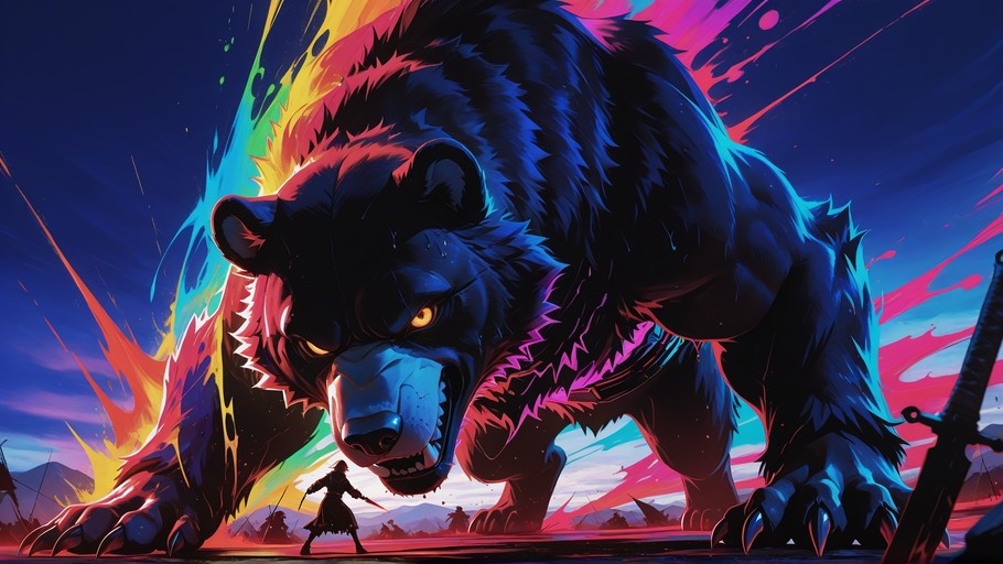 A massive dark bear with glowing yellow eyes looms over a small human warrior holding a sword in a vibrant, colorful fantasy landscape.
