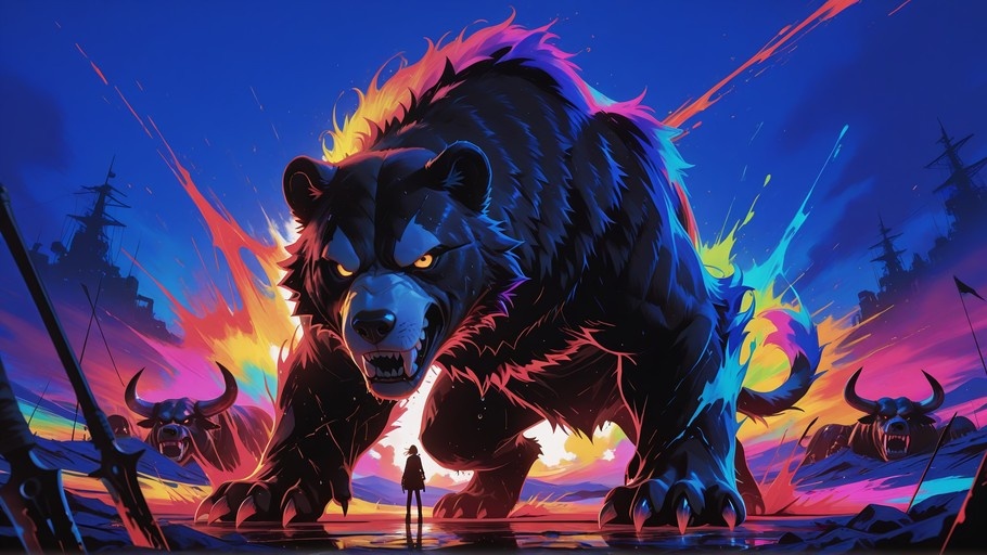 An enormous black bear with a fiery orange mane and glowing yellow eyes stands in shallow water facing a small human silhouette, with warships and horned creatures in the colorful background.