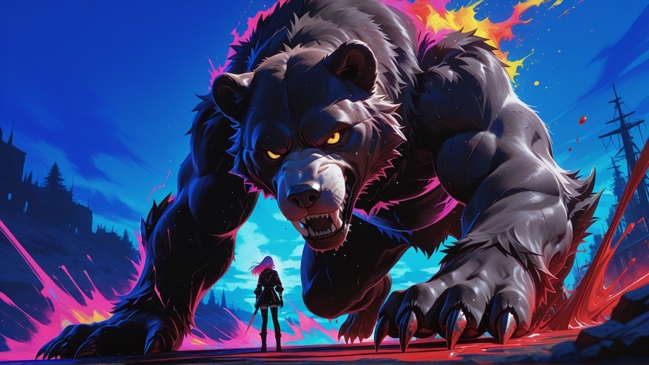 A low-angle digital illustration of a giant black and white bear roaring at a small pink-haired girl holding a sword, set against a blue sky and ruins.