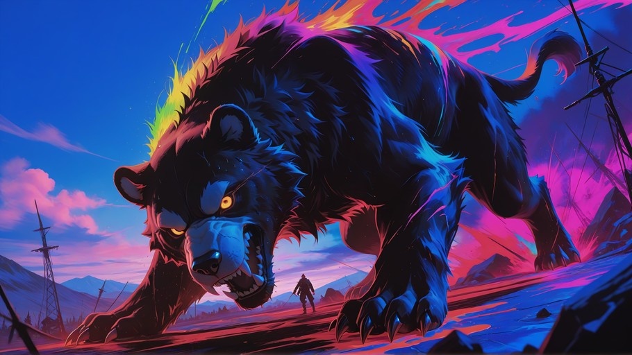 A giant black bear with glowing yellow eyes and a colorful neon mane stands in a field facing a small soldier.