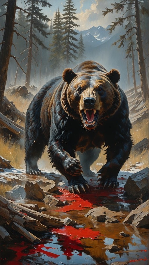 A large brown bear with its mouth open in a roar stands in a forest stream filled with blood, surrounded by rocks and pine trees with mountains in the background.